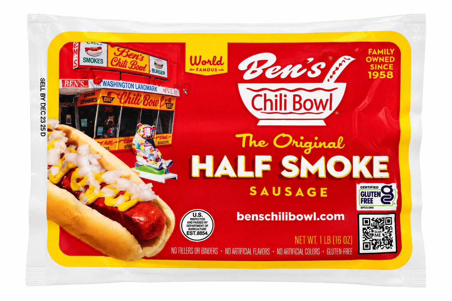 Packaged Ben's Half Smoke sausage in red and yellow packaging, featuring a hot dog with mustard on the left and a storefront illustration on the top left.