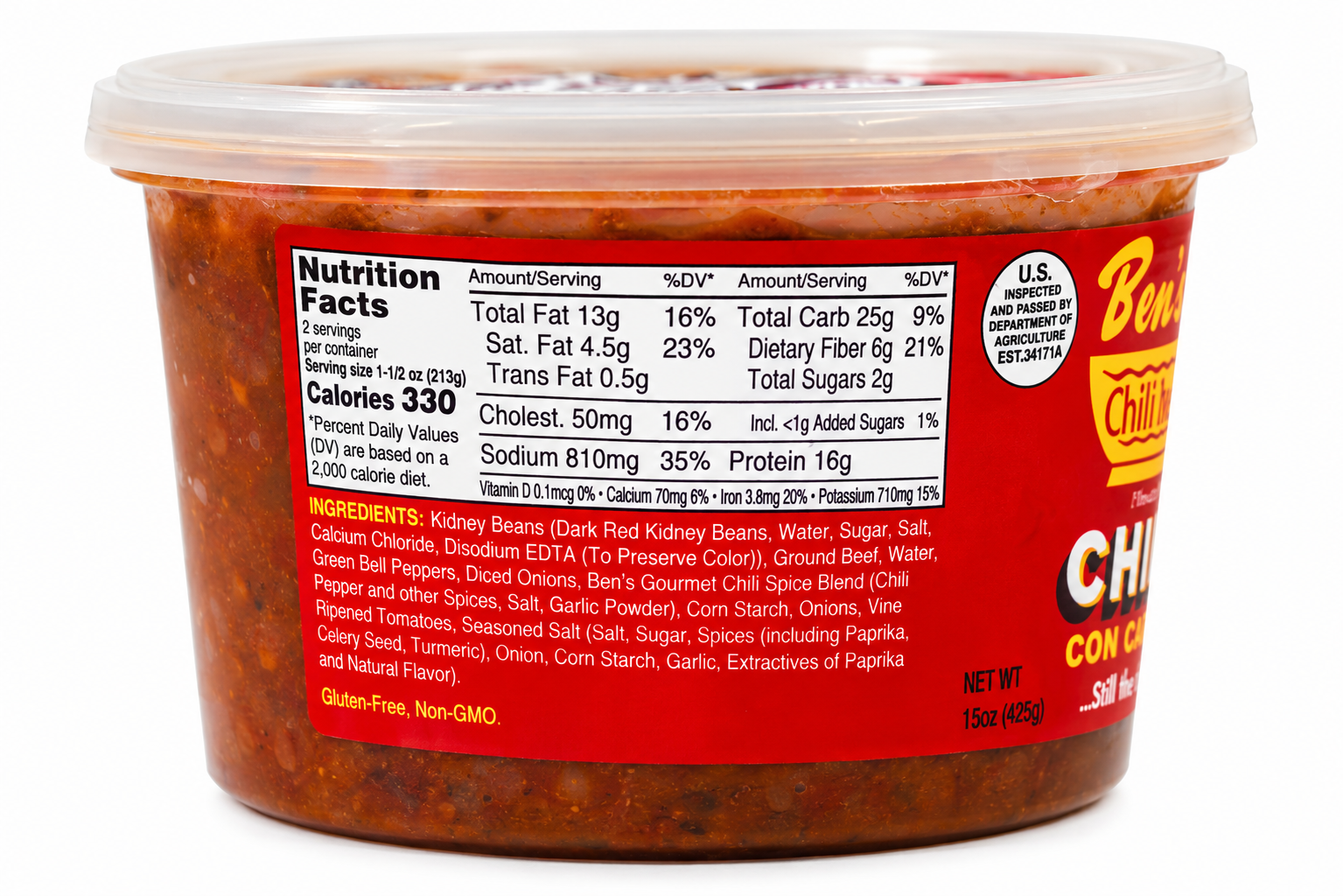 Ben's Chili Bowl Chili Con Carne ingredients for 15oz retail pack