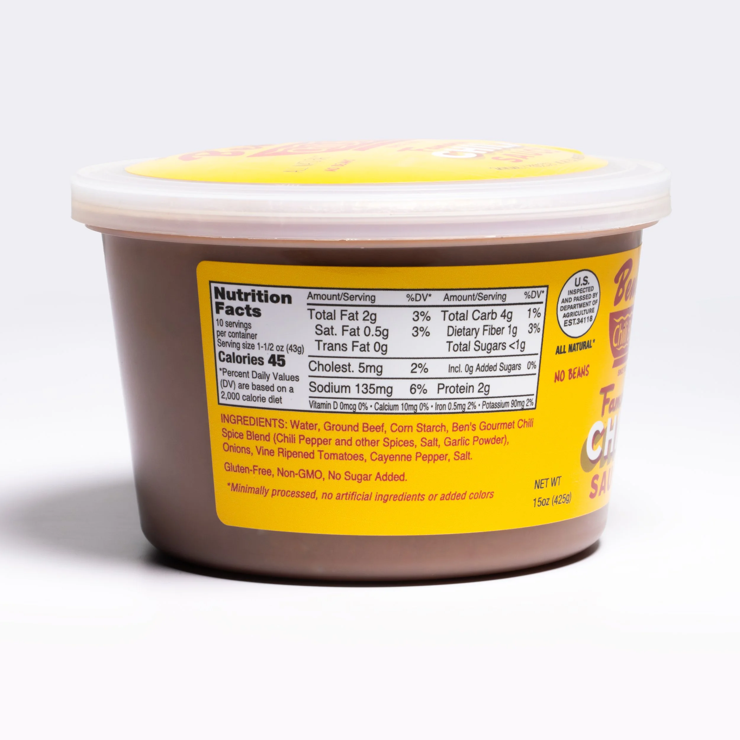 A container of Ben's Gourmet Chili, with nutrition facts and ingredients listed on the label.