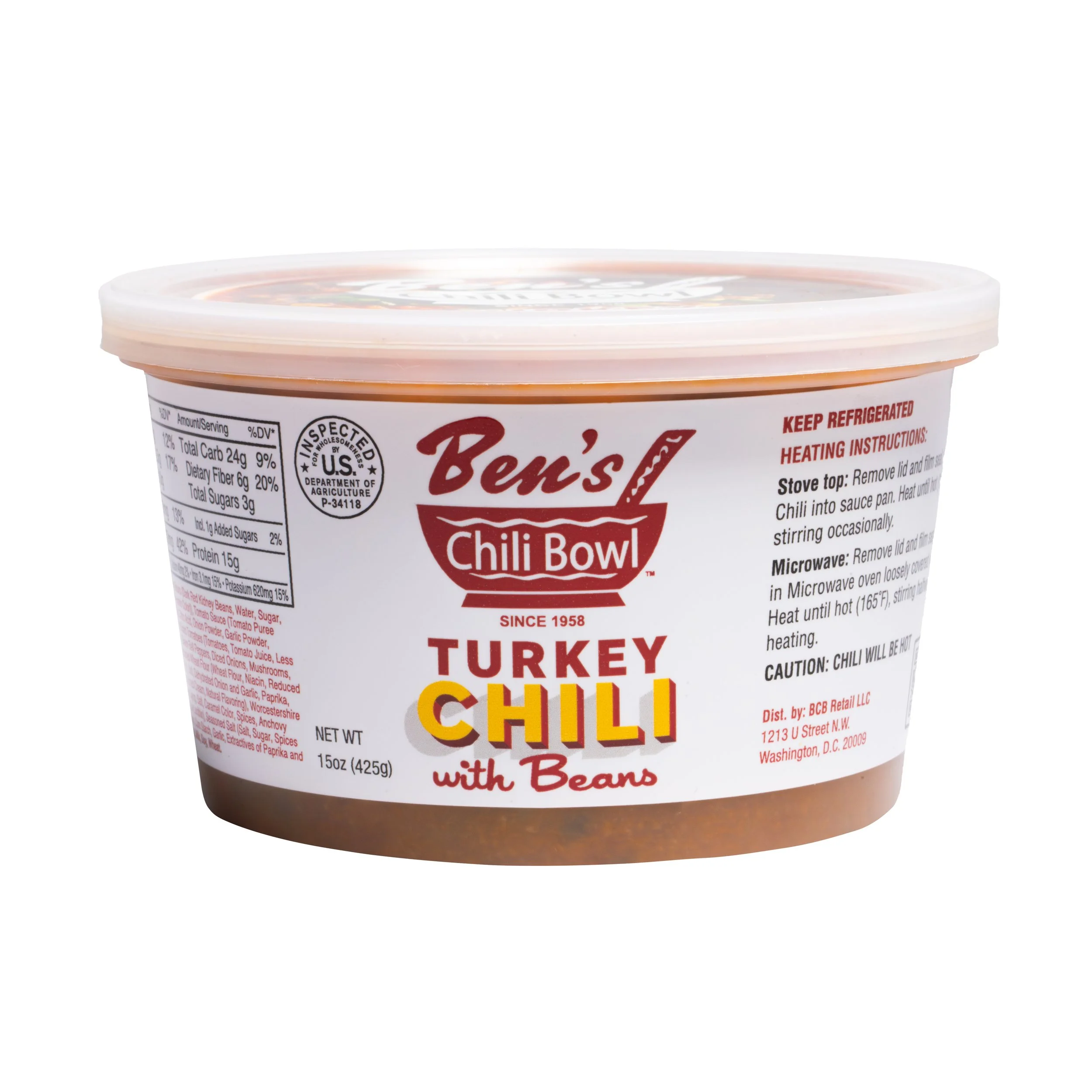 A container of Ben's Chili Bowl Turkey Chili with Beans, featuring a white label with red and yellow text and an image of a chili bowl logo.