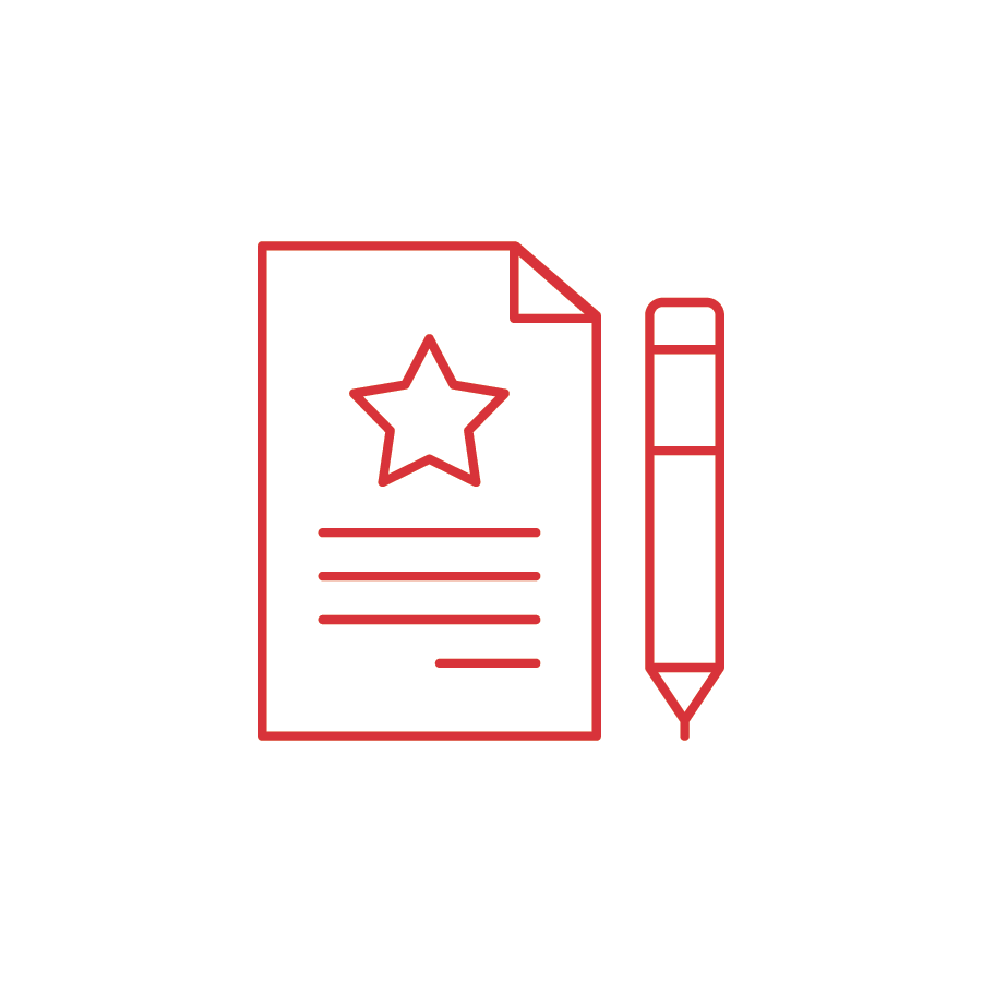 A minimalist icon of a certificate or document with a star on it, next to a pen, all in red outlines on a white circular background.