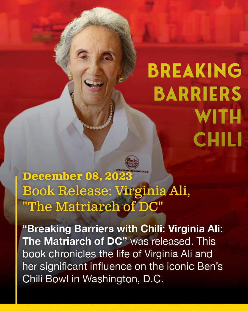 A smiling elderly woman in a white shirt with a pearl necklace, yellow earrings, and a name tag, standing in front of a red background with books. Text overlay reads: 'Breaking Barriers with Chili,' 'December 08, 2023,' 'Book Release: Virginia Ali, "