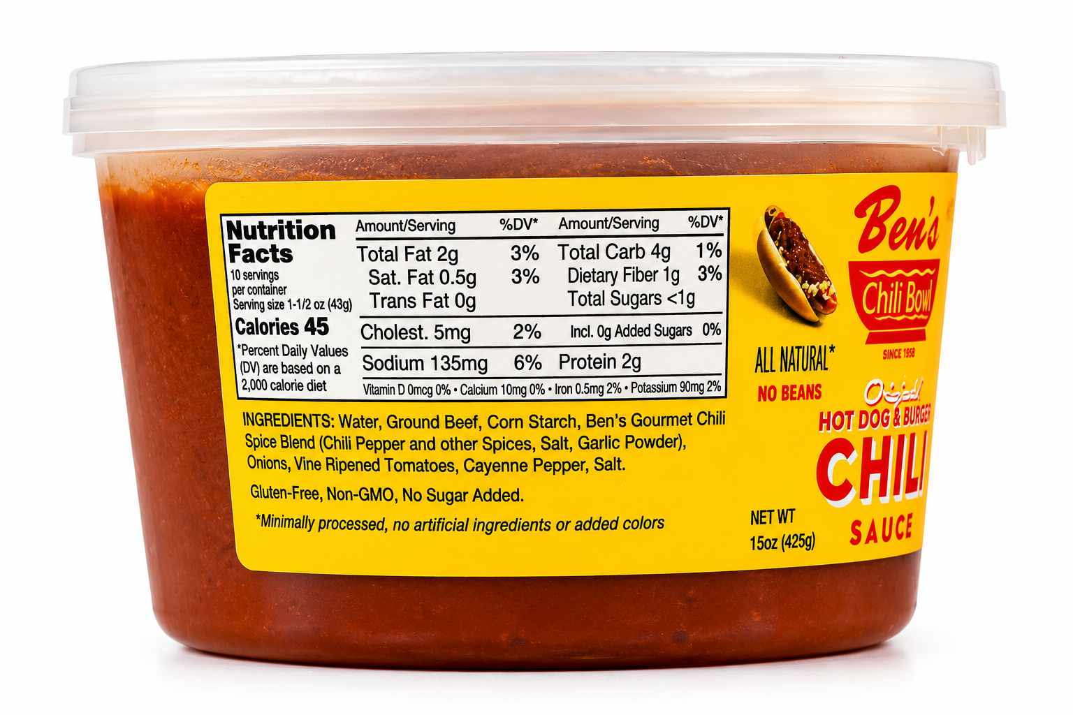 Ingredents for Ben's Chili Bowl Hot Dog and Burger Chili Sauce 15oz retail pack