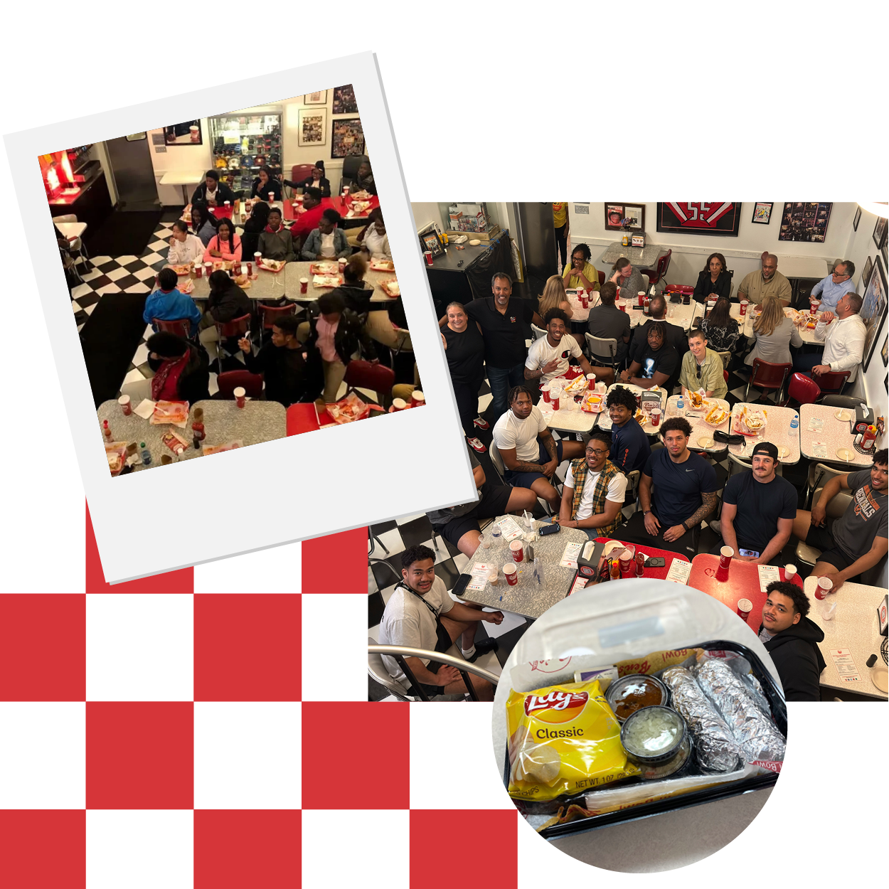 Photos of a group of people gathered in a restaurant, celebrating with food and drinks, along with a close-up of a takeout container filled with chips, foil-wrapped items, and dipping sauce.