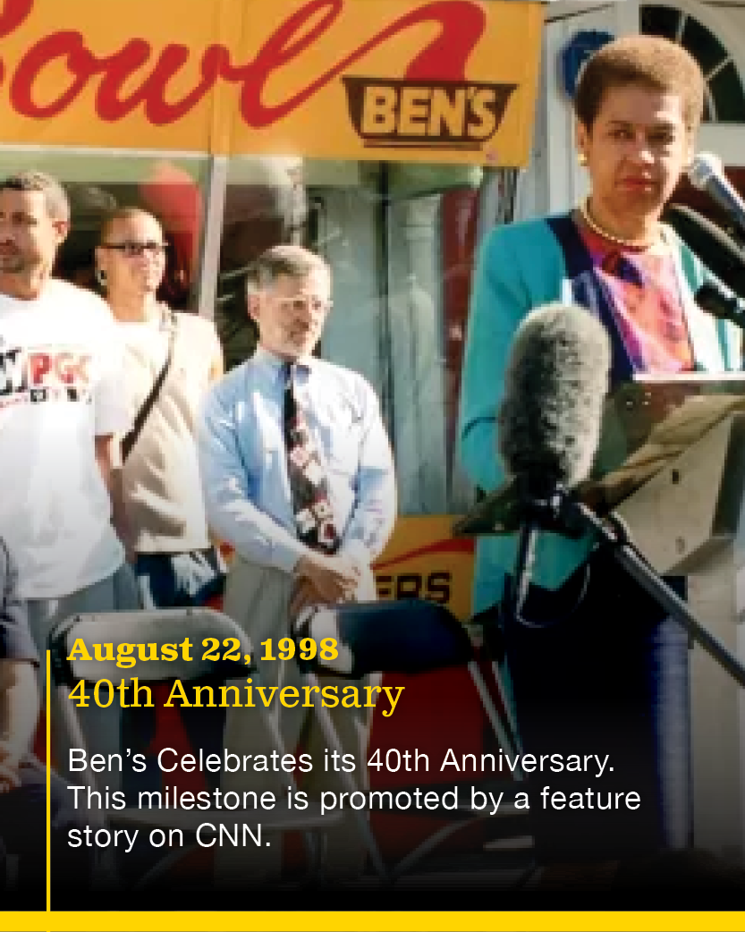 A woman giving a speech in front of a microphone at Ben's 40th anniversary celebration on August 22, 1998, with four people standing behind her, and a banner that reads 'Ben's' in the background.