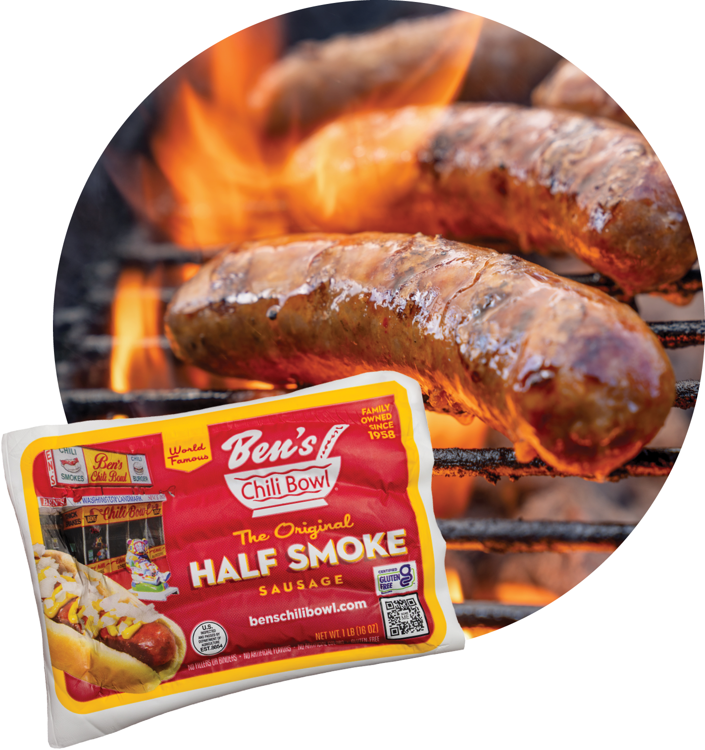 Grilling sausages over an open flame with a package of Ben's Chili Bowl Half Smoke sausage in the foreground.