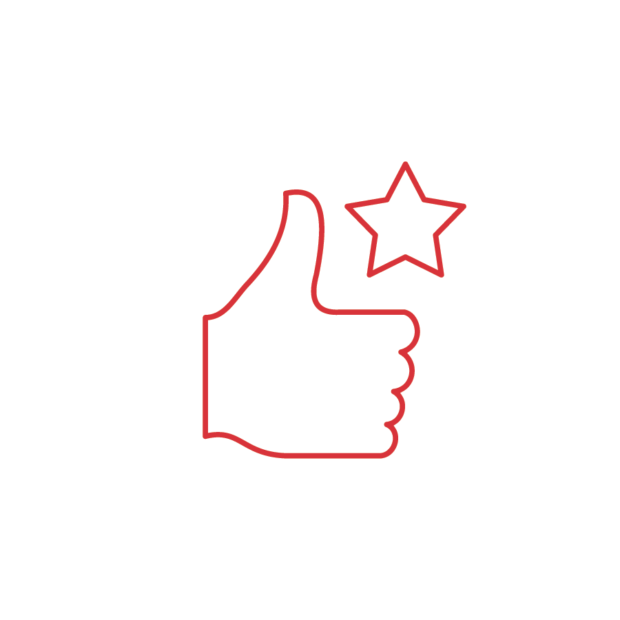 A red outline of a thumbs-up hand gesture and a red outline of a star, set against a white circular background.