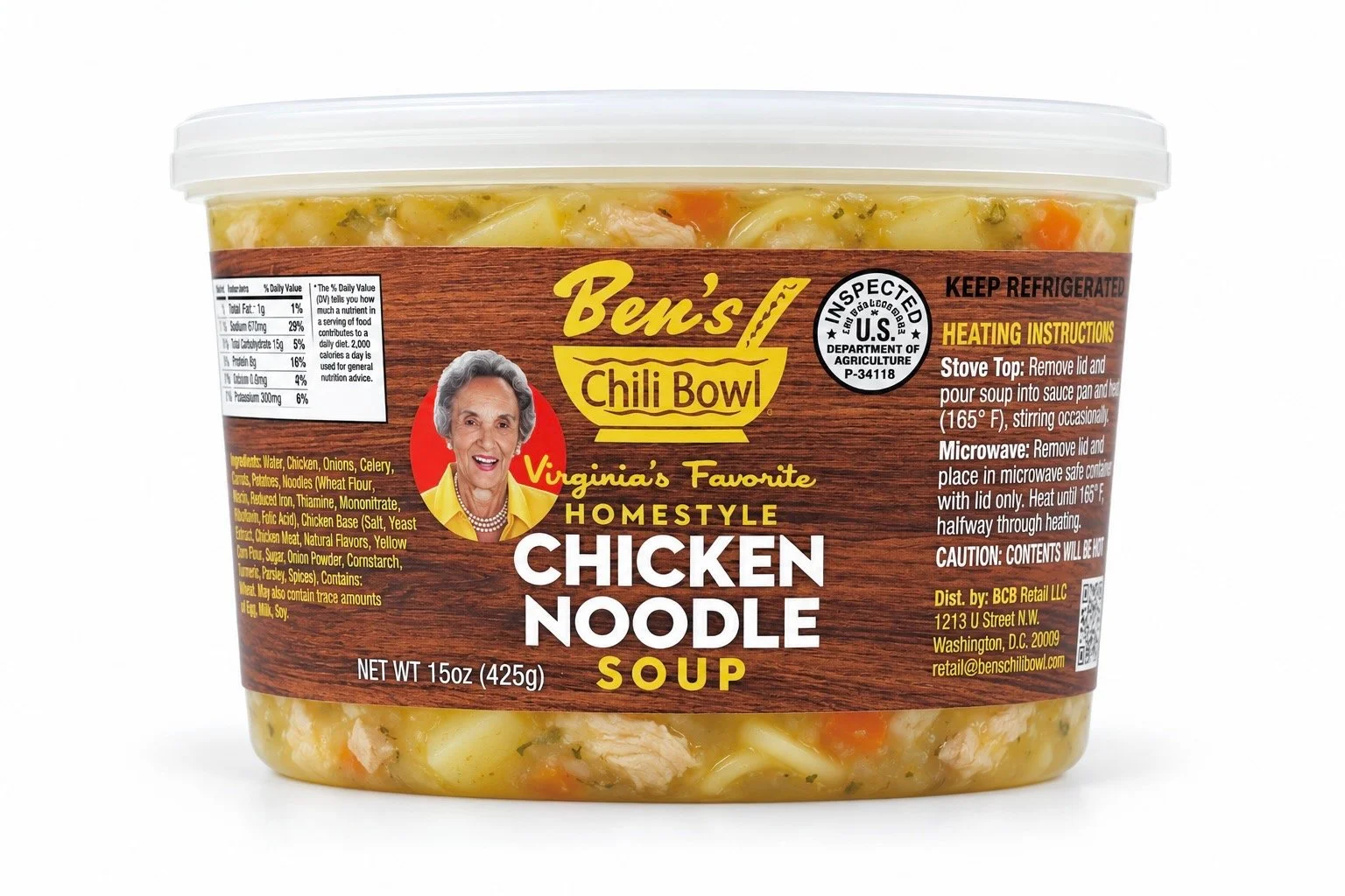 Label design for Ben's Chili Bowl Chicken Noodle Soup. The label features a background image of chicken noodle soup with carrots, noodles, and vegetables, and has text stating it is Virginia's favorite homestyle chicken noodle soup made with hand-pulled chicken, tender pasta, fresh veggies and herbs, established since 1958.