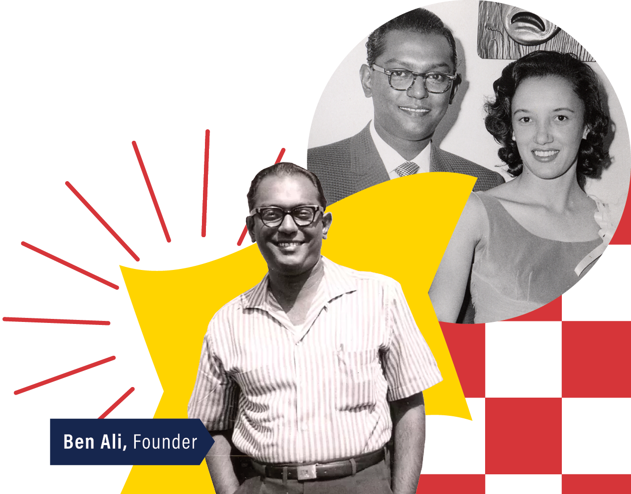 Colorful graphic featuring black and white photos of three people, with the caption 'Ben Ali, Founder' in a blue banner.