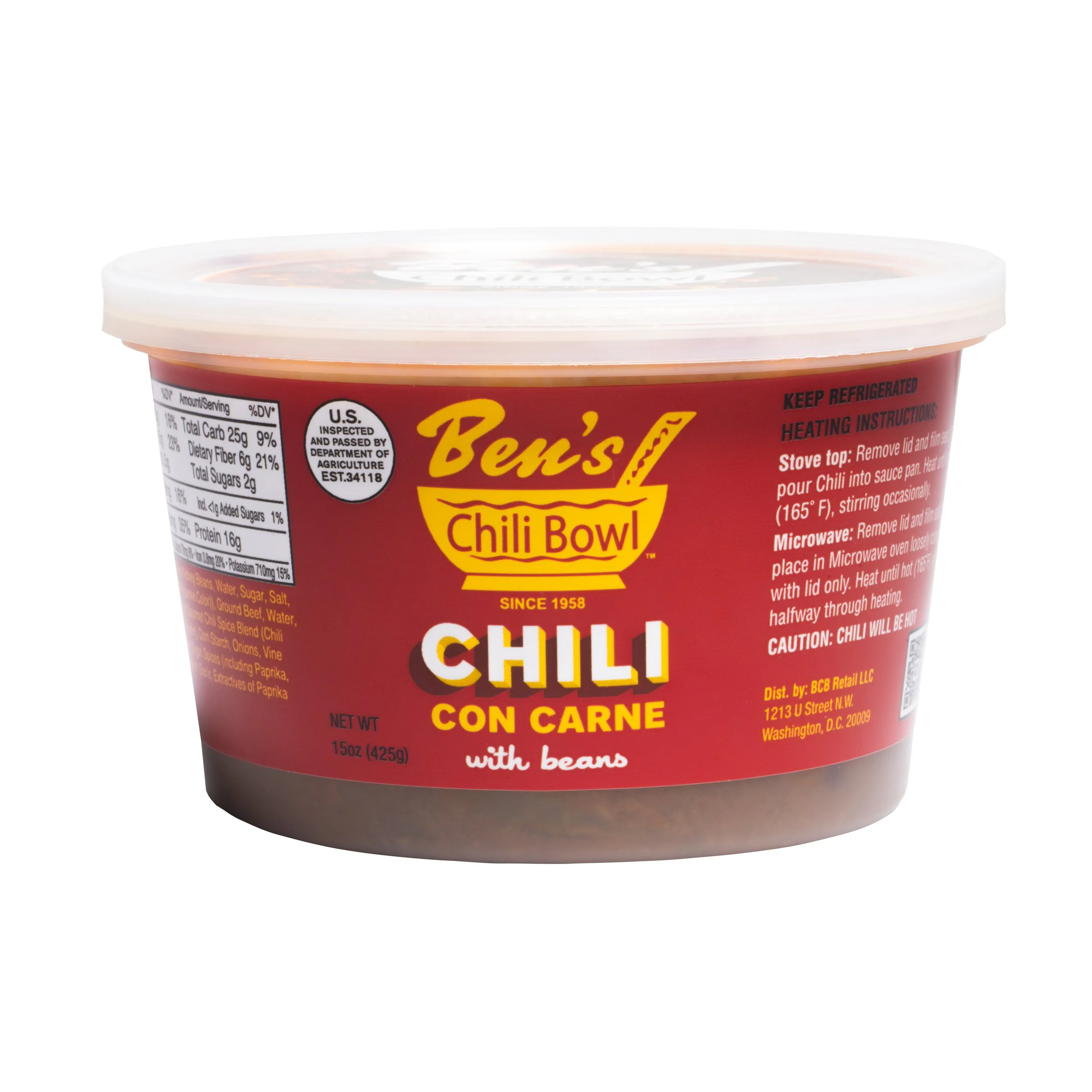 A container of Ben's Chili Bowl chili with beans, labeled as 'Chili con Carne,' with cooking instructions and nutritional information on the label.