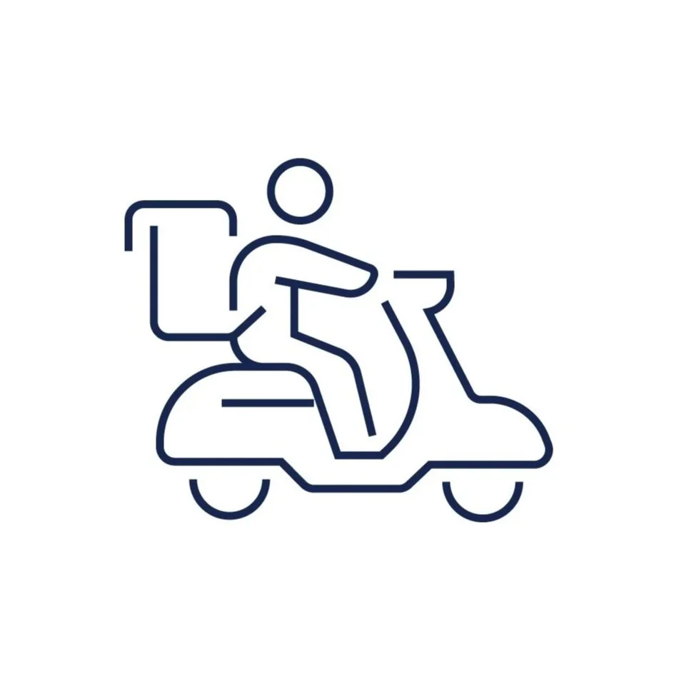 Minimalist line drawing of a person riding a scooter with a backpack.