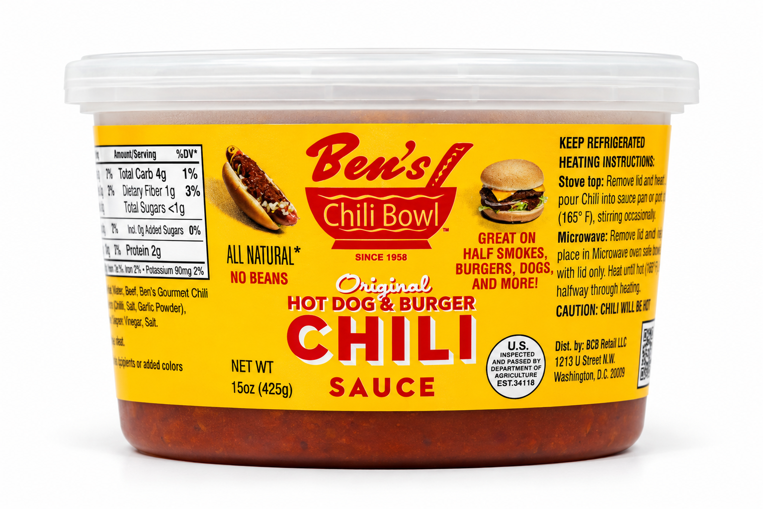 Container of Ben's Famous Chili Sauce with yellow labeling and red text, featuring instructions and nutritional information.