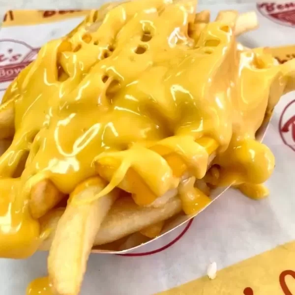 French fries topped with melted cheddar cheese in a paper tray.