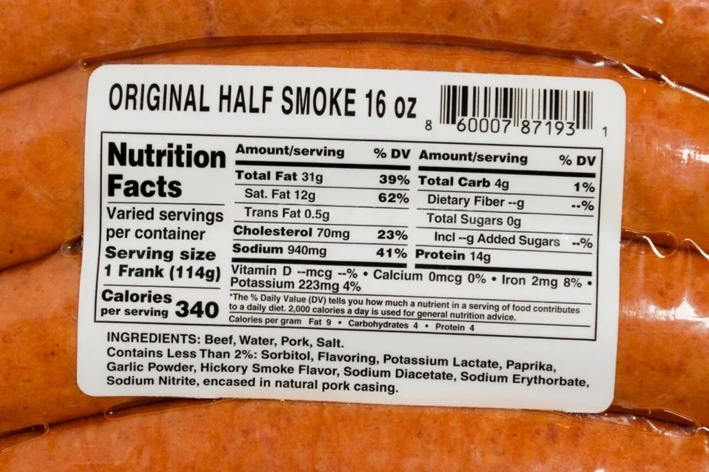 Label on packages of original half smoke, 16 oz, with nutrition facts, ingredients, and barcode.