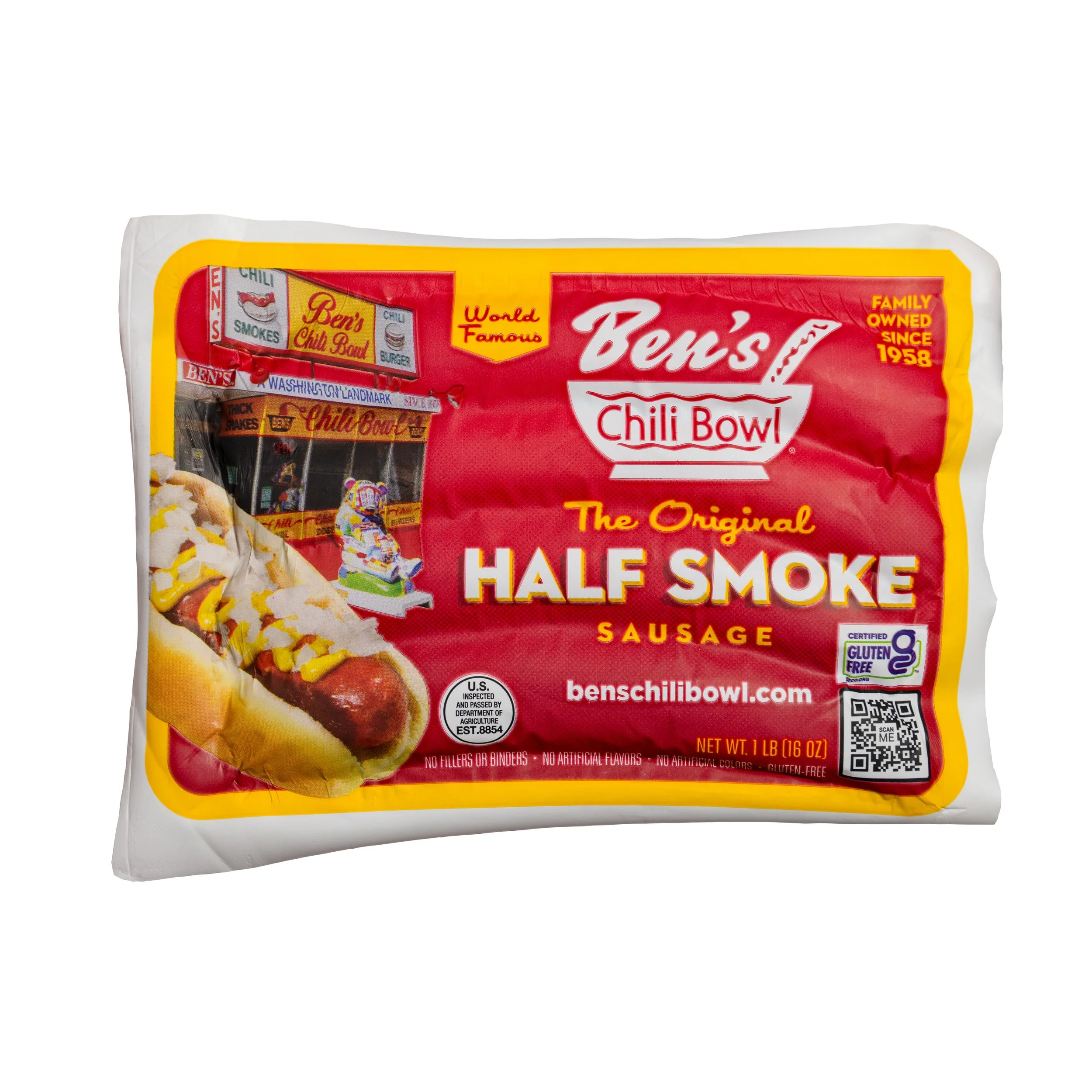 Packaged Ben's Half Smoke sausage in red and yellow packaging, featuring a hot dog with mustard on the left and a storefront illustration on the top left.