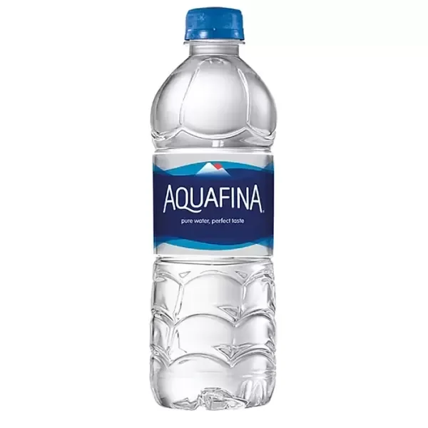 A clear plastic bottle of Aquafina water with a blue cap and label.