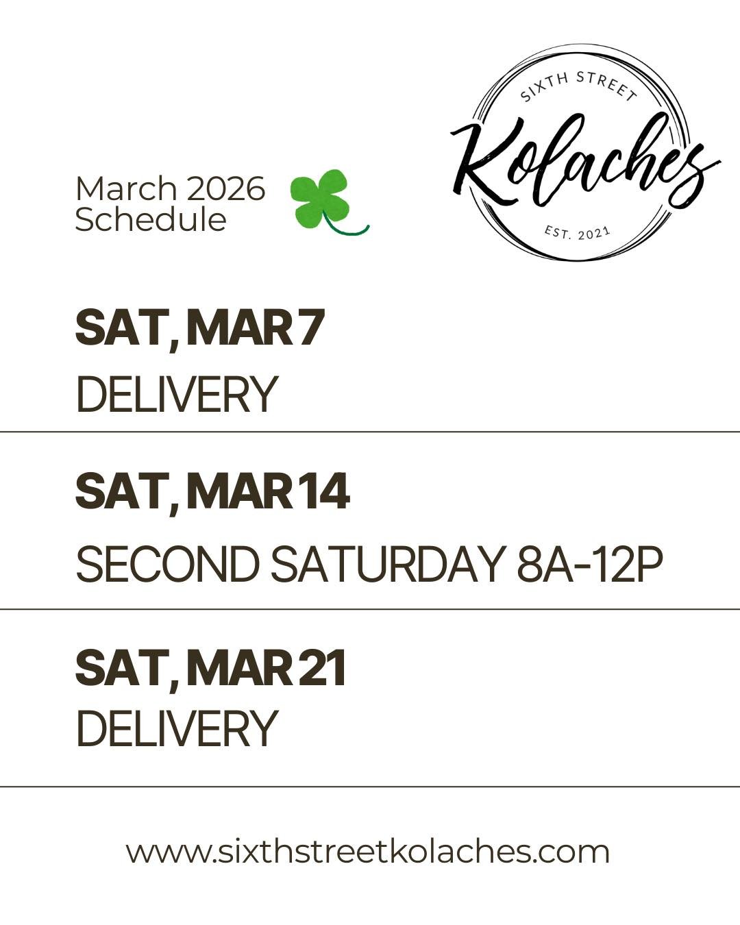 🍀 March 2026 🍀
Order form is updated on our website!

#sixthstreetkolaches #secondsaturday #kolache #kolachenation #shopsmall