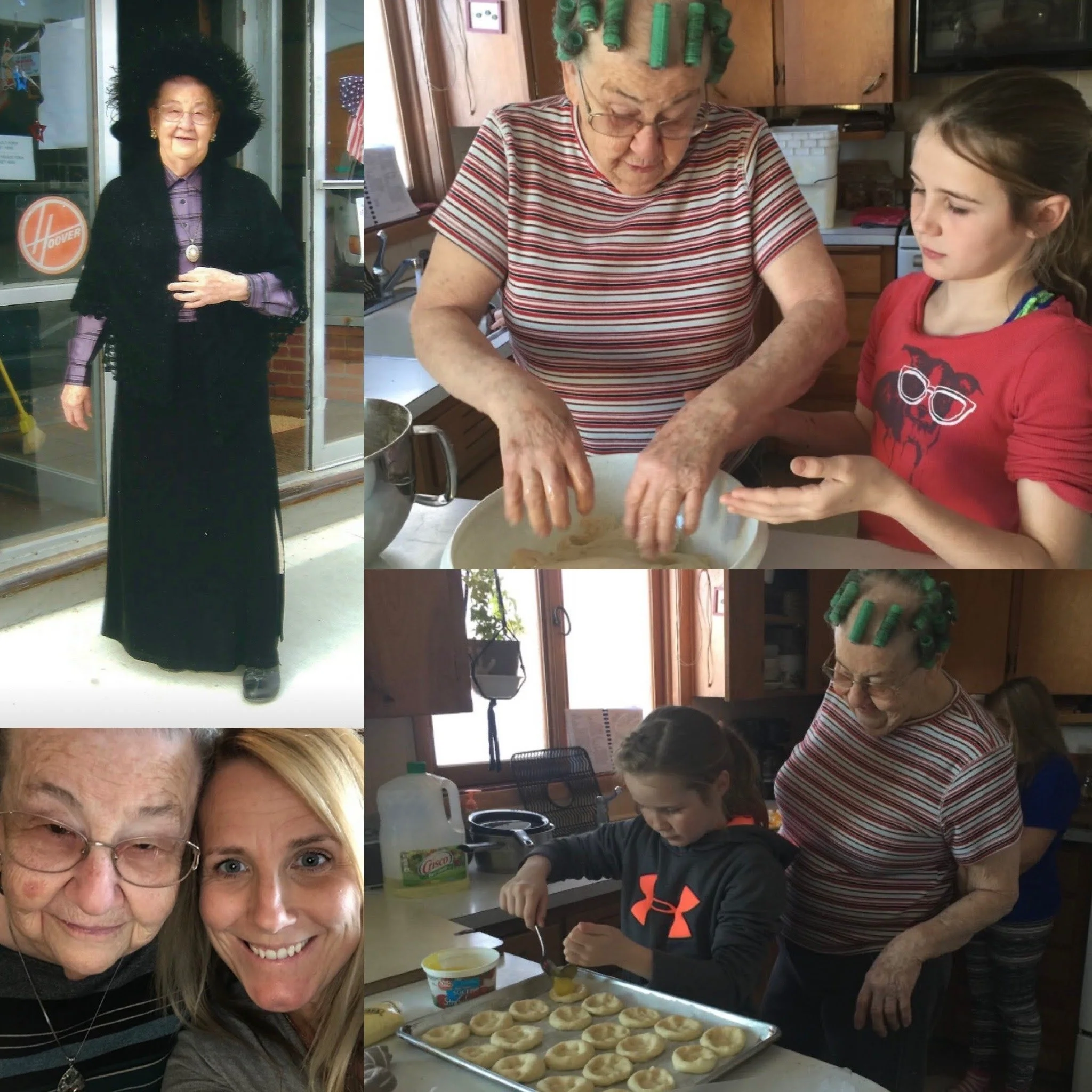 A collage of four images: an elderly woman in a black dress with purple shirt and black hat standing outdoors, a woman with curlers in her hair and a young girl baking cookies inside the kitchen, a close-up of the elderly woman and a young woman smiling, and the elderly woman and a young girl decorating cookies in the kitchen.