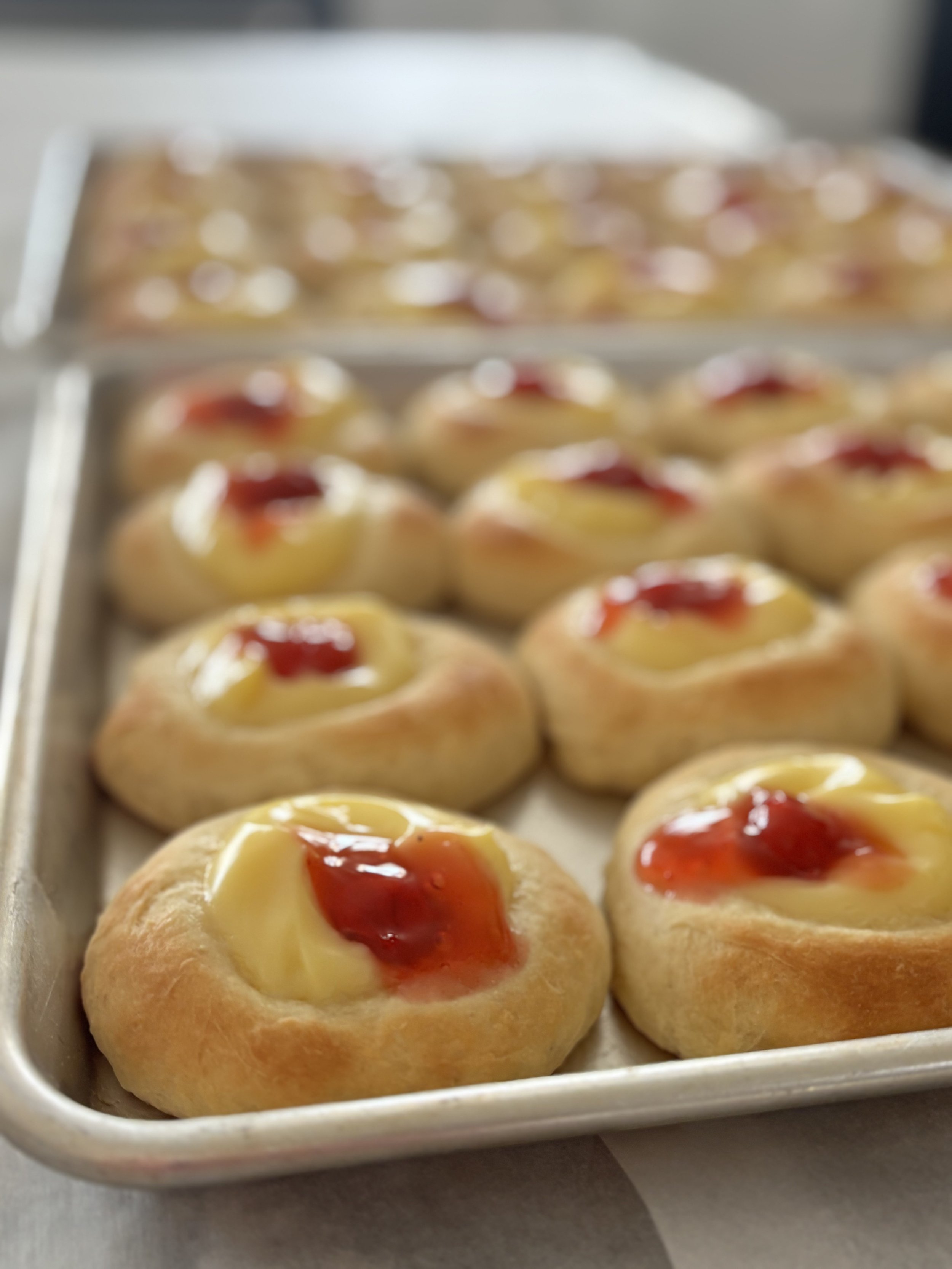 Tray of freshly baked kolaches from Sixth Street Kolaches in Nebraska.