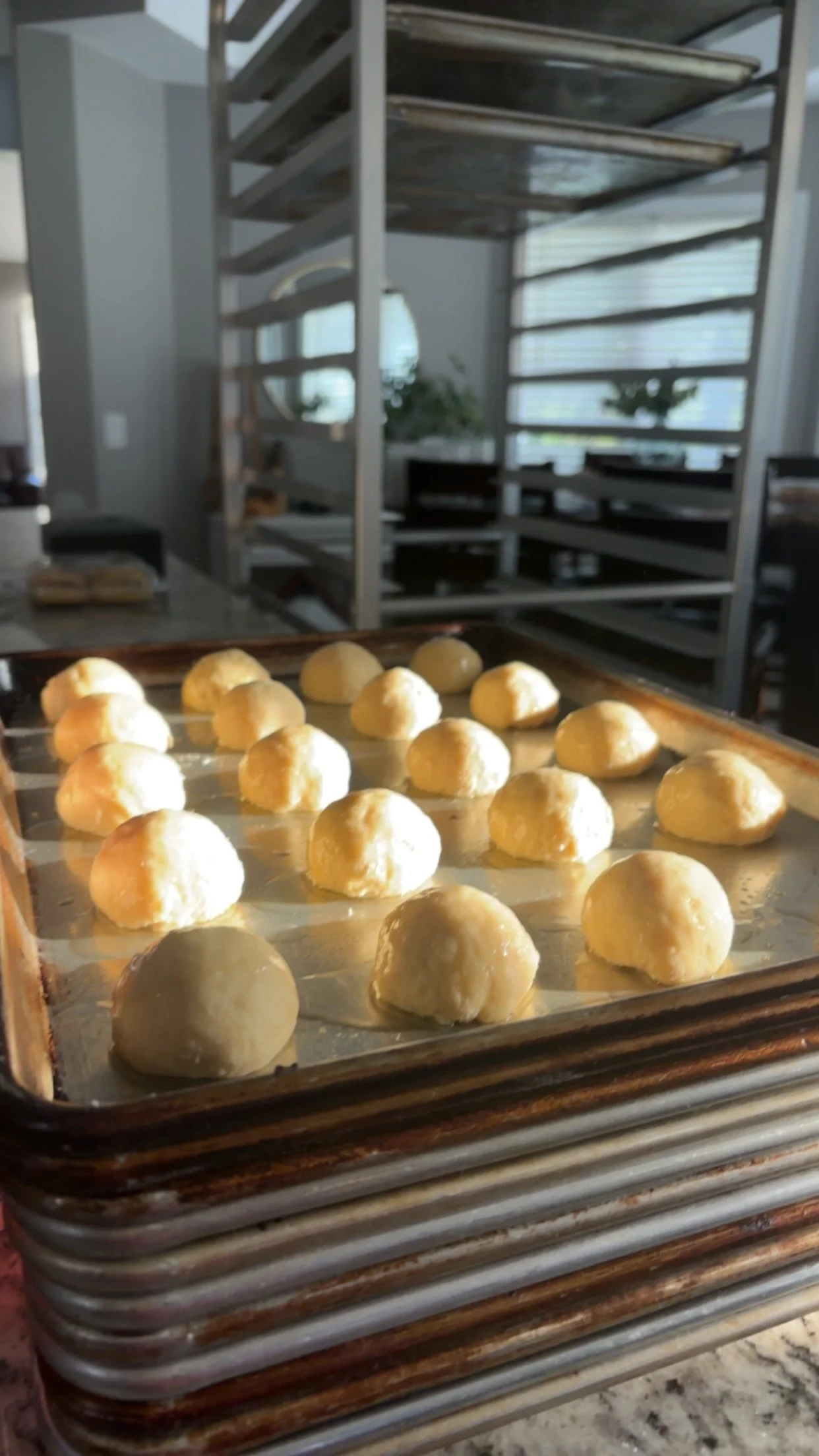 Tray of round dough balls resting on a baking sheet in a kitchen.