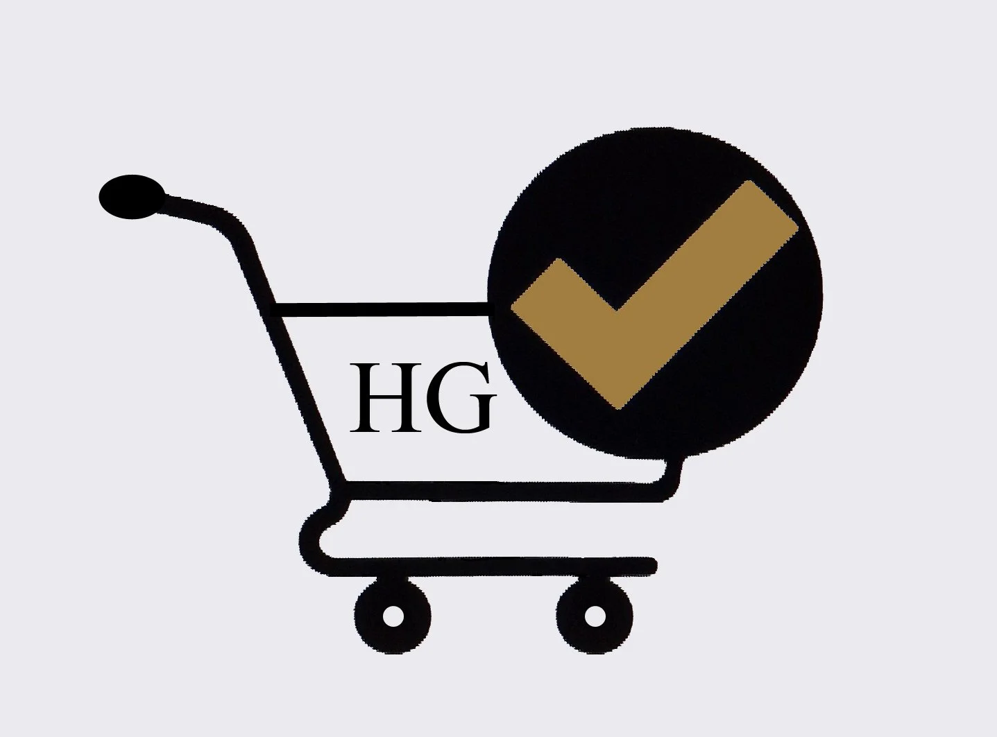 A stylized shopping cart with the letters 'HG' inside, a black circle with a gold checkmark, and a large black and gold circle on the right side.