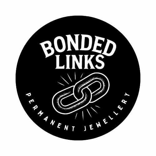 Logo for Bonded Links Permanent Jewelry featuring a chain link and the text 'Bonded Links Permanent Jewelry' in white on a black circular background.