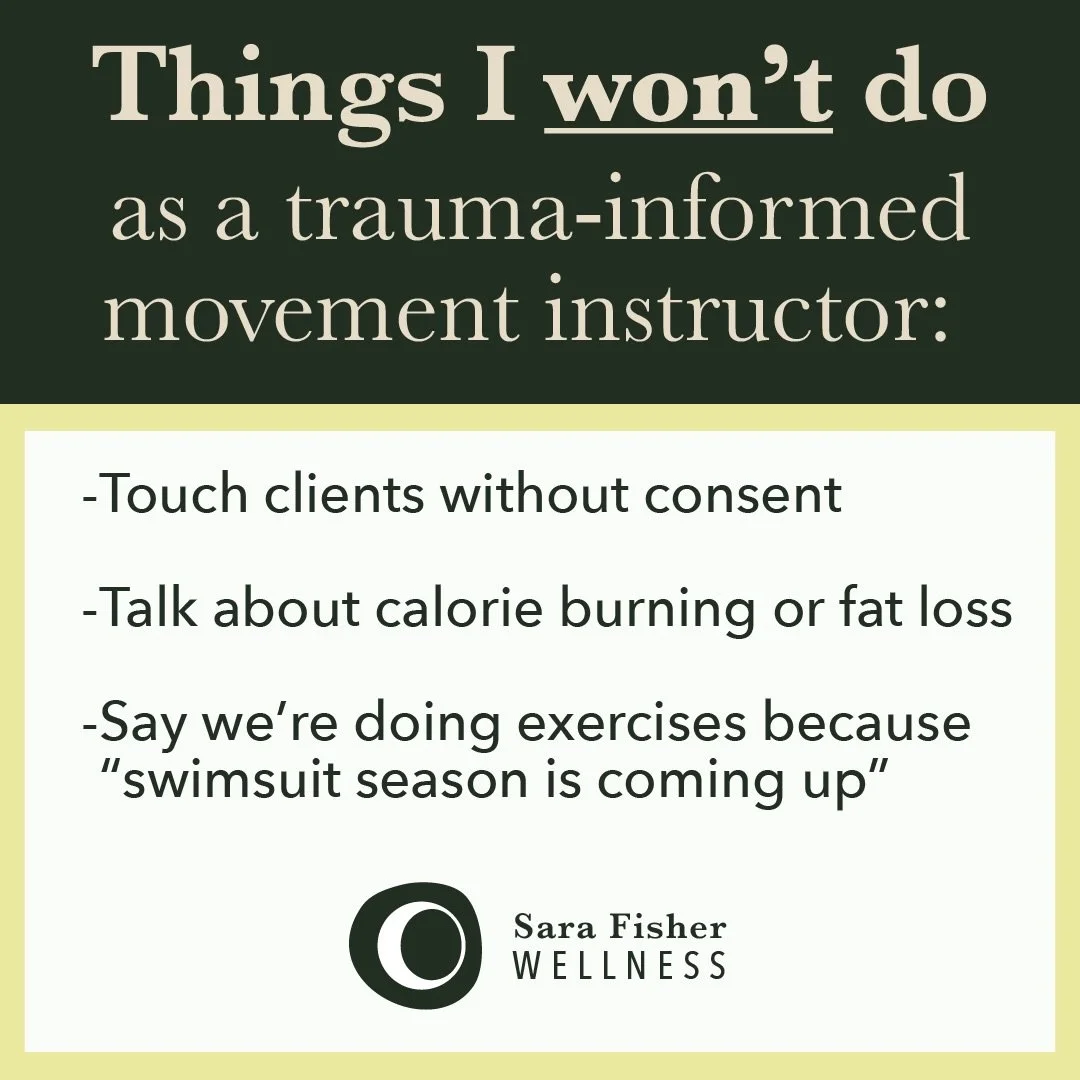 One of my main goals as a movement guide is to create environments where my clients feel safe, seen, and heard. I want my clients to feel empowered to make their own choices during class and feel safe enough to be themselves 💯%. 

Trauma-informed mo