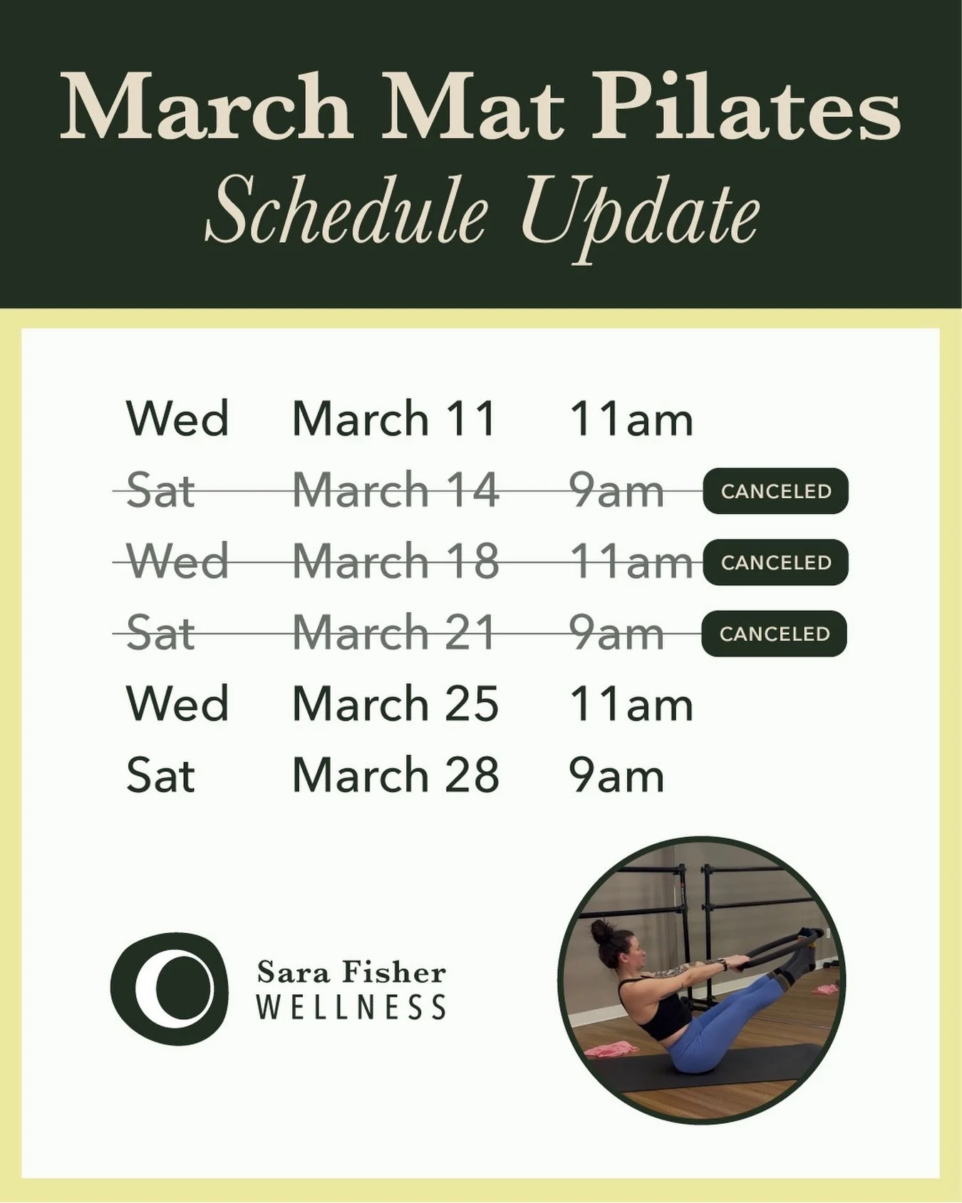 📅 Schedule update for March Mat Pilates classes ⬇️

There will be no Mat Pilates classes at @k2cwellness on March 14, 18, and 21. They will resume back to my regular Wednesday 11am / Saturday 9am schedule starting on March 25. 

Safe travels for any