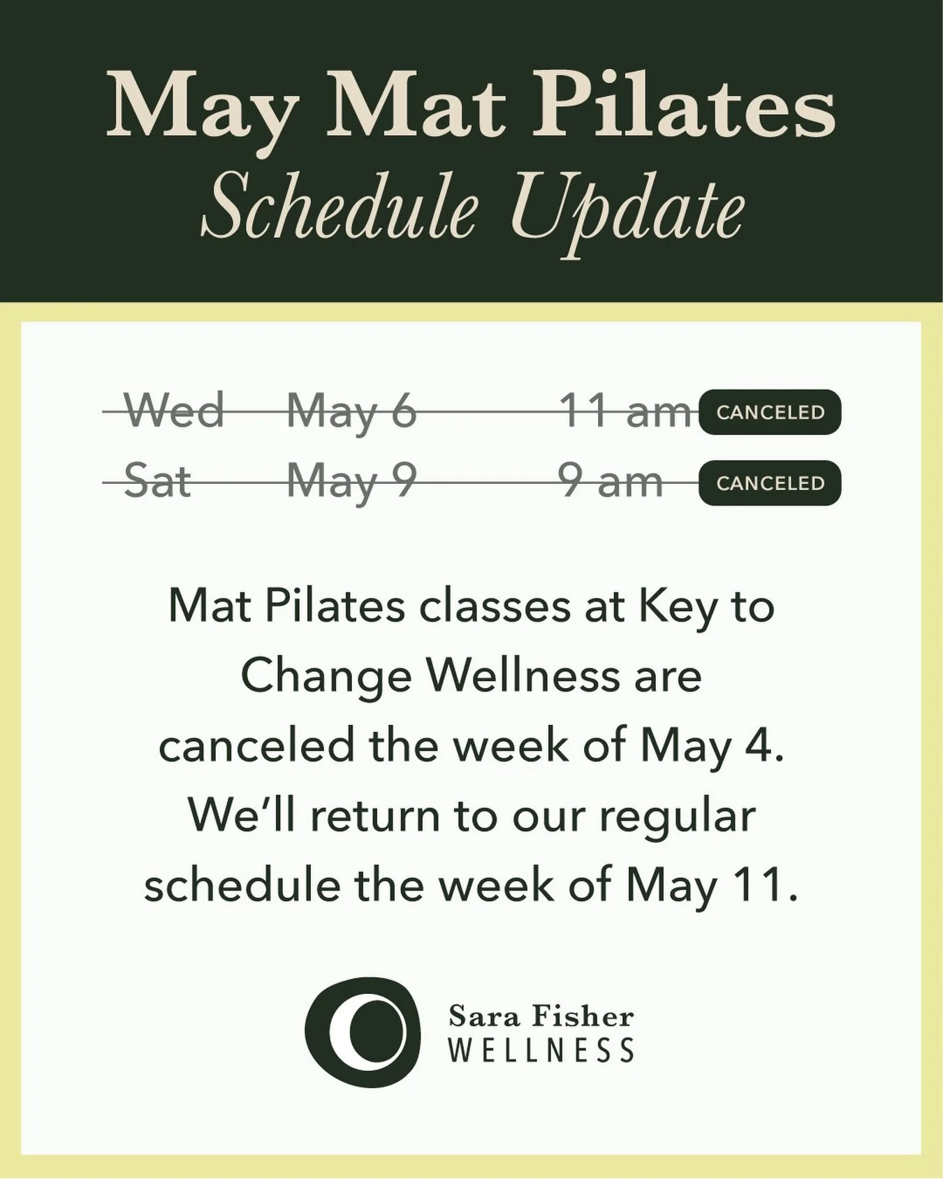 Mat Pilates classes at @k2cwellness are canceled this week. Thank you for understanding!