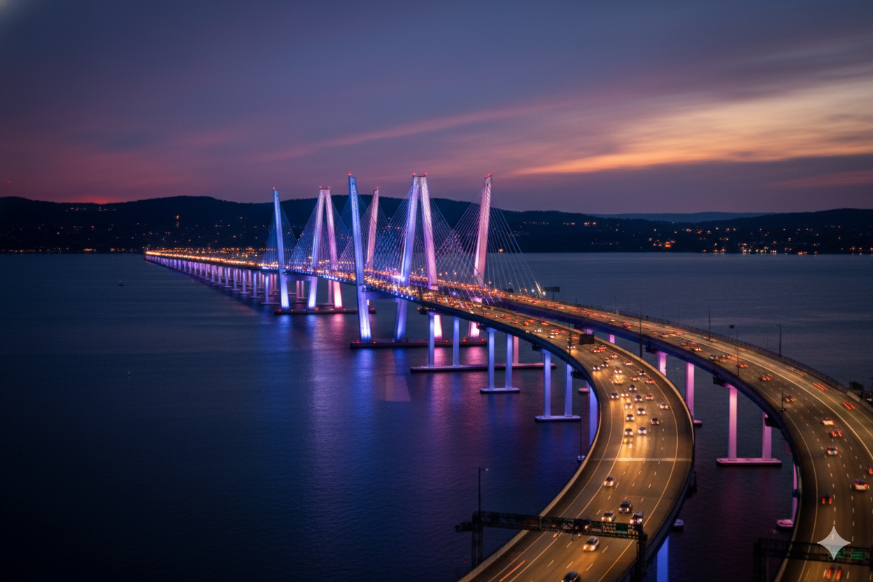 Mario Cuomo Bridge illuminated with purple and blue lights extends over water at dusk, with hills and a cityscape in the background.