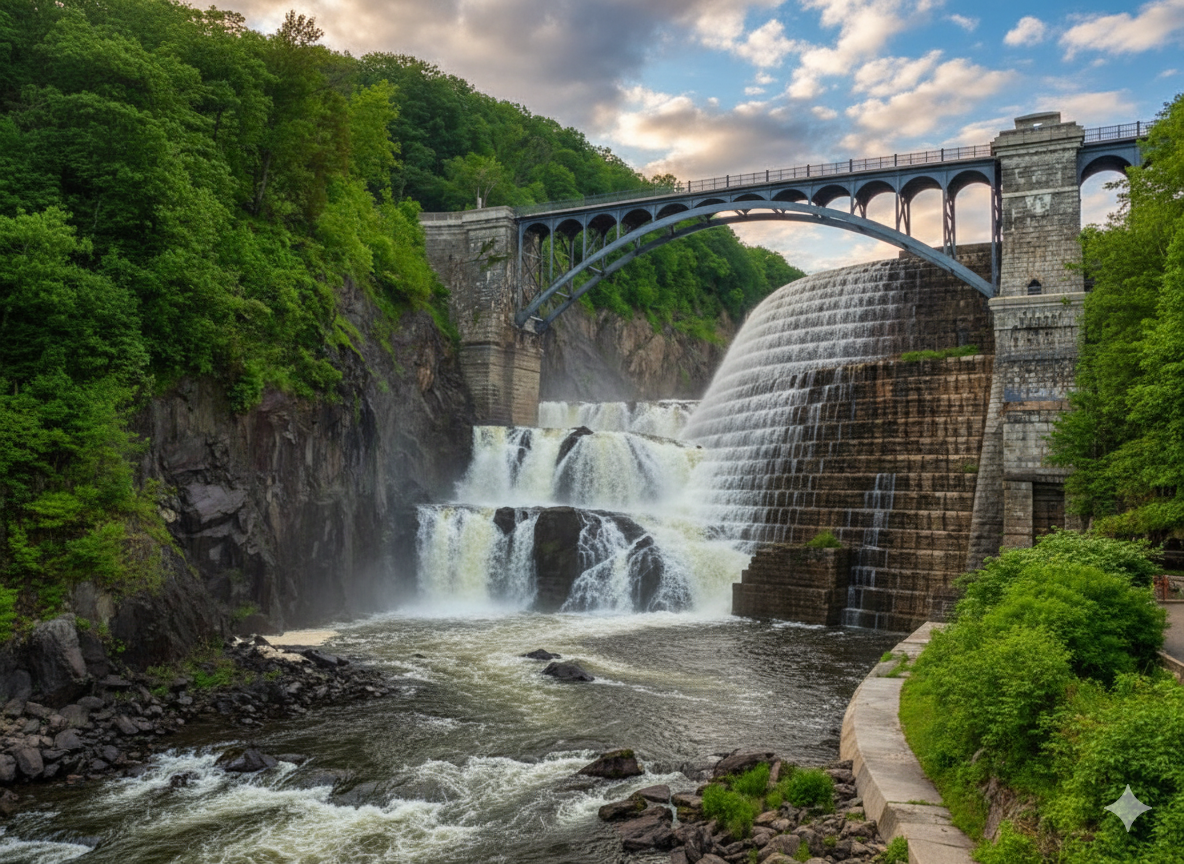 A scenic landscape featuring a waterfall and a large arched dam with a bridge walkway on top, surrounded by lush green trees and a partly cloudy sky.