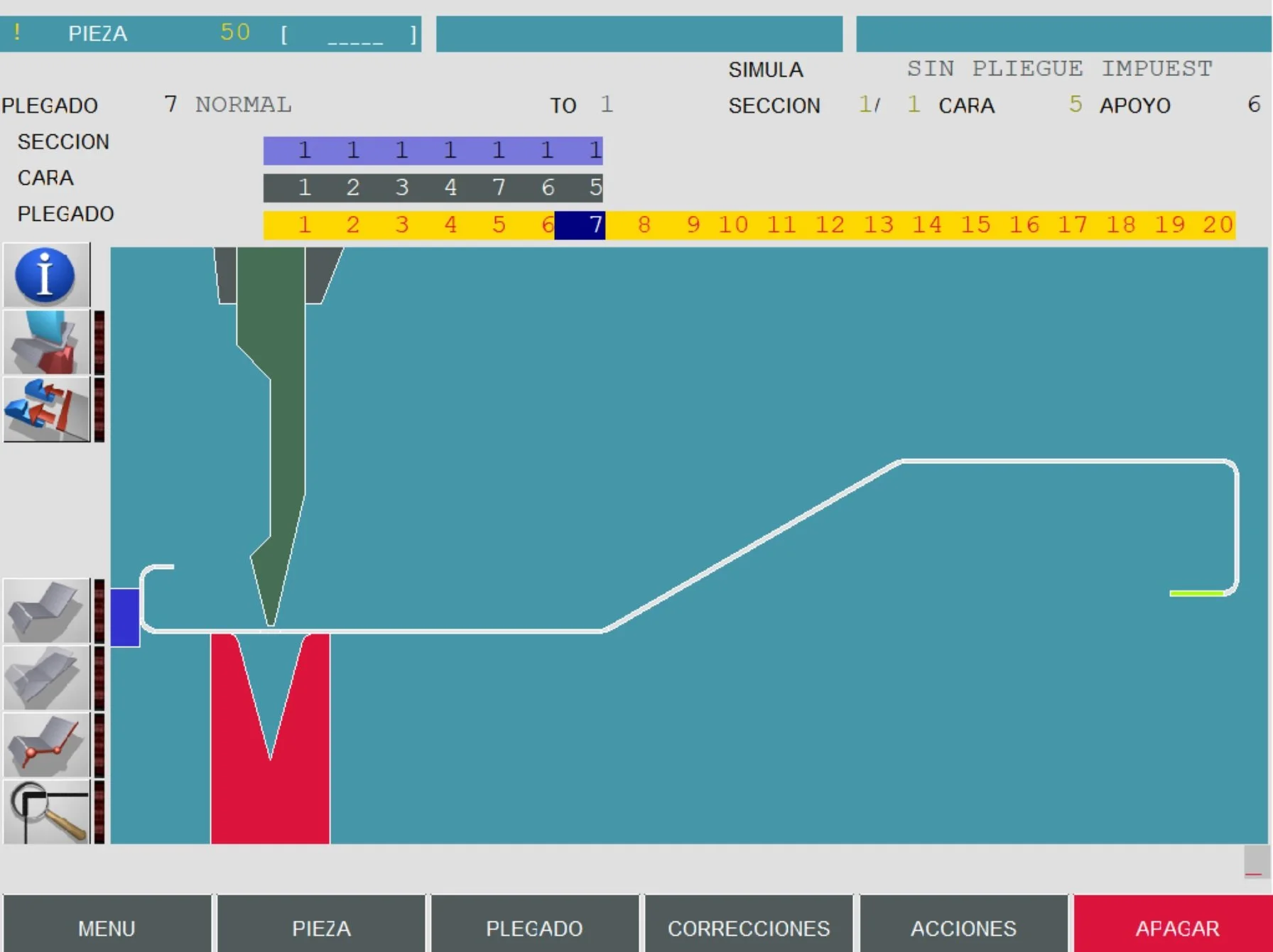 Pantalla de control con tabla, gráficos y botones, que muestra información técnica y simulaciones en línea.