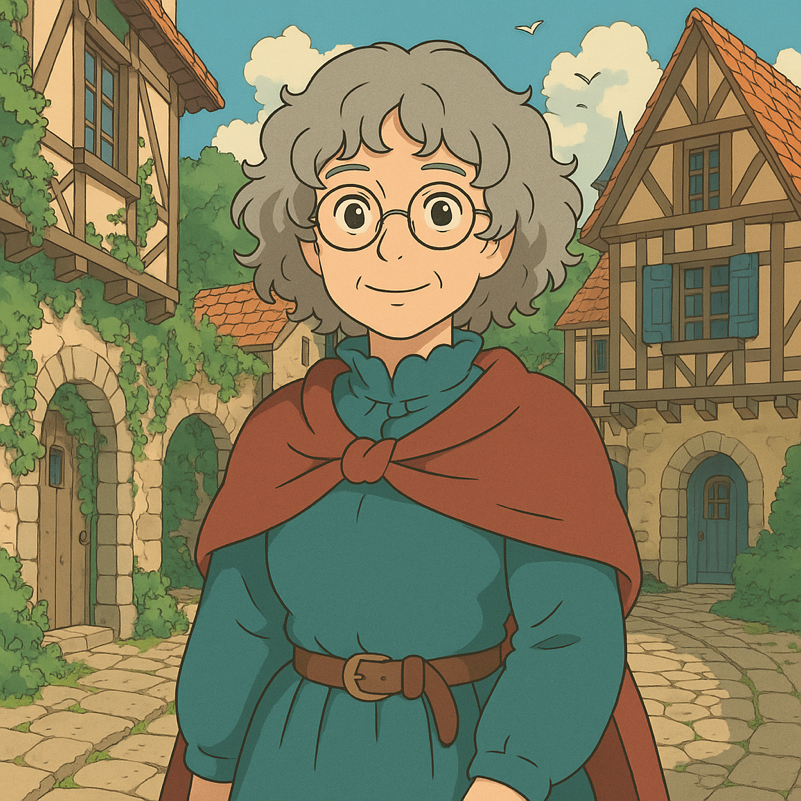 A woman with curly gray hair and glasses, wearing a teal dress with a brown belt and a red cape, standing on a cobblestone street in a European-style village with stone houses and greenery.