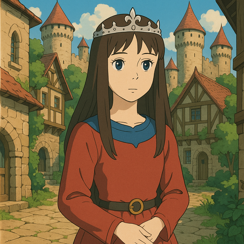 A young woman with long dark hair, wearing a silver crown, standing in a medieval village with stone buildings, greenery, and castle towers in the background.