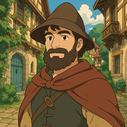 Animated man with a beard wearing a brown hat and cloak, standing in a village street with stone buildings and greenery.