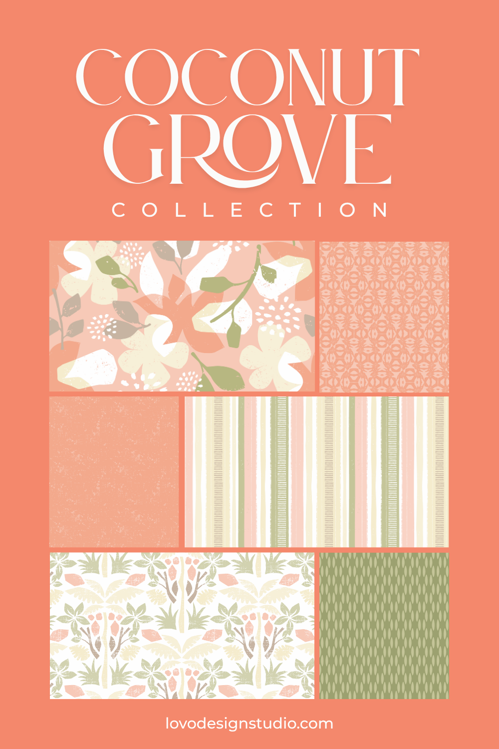 A collection of six different fabric patterns with floral and geometric designs in pastel colors on a peach background, titled 'Coconut Grove Collection' from lovodesignstudio.com.