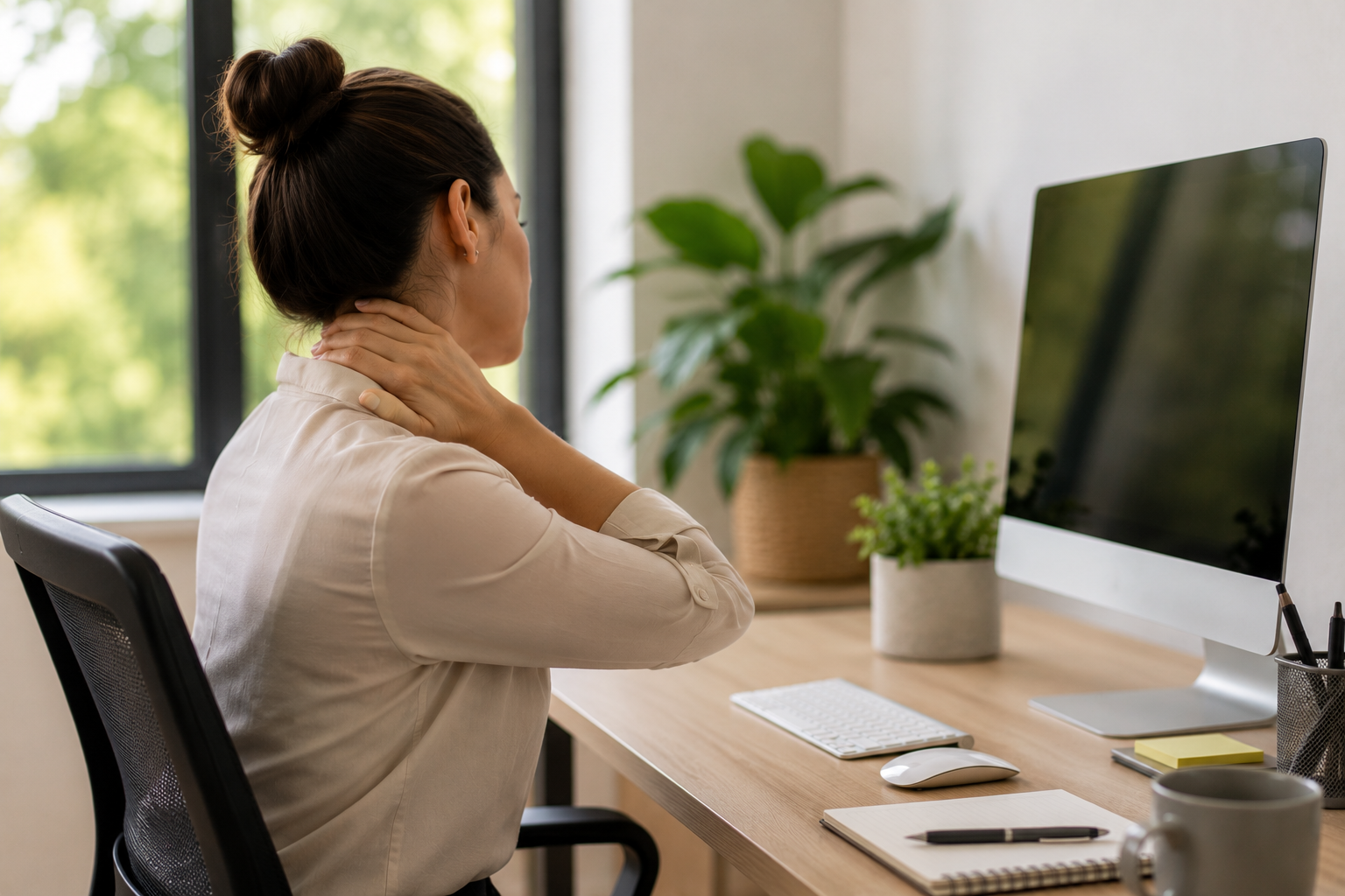 Woman Experiencing Neck Pain at Desk