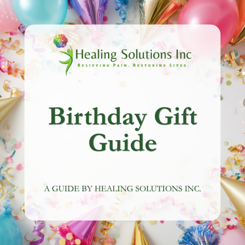 Cover of a birthday gift guide booklet by Healing Solutions Inc., surrounded by balloons and party decorations.