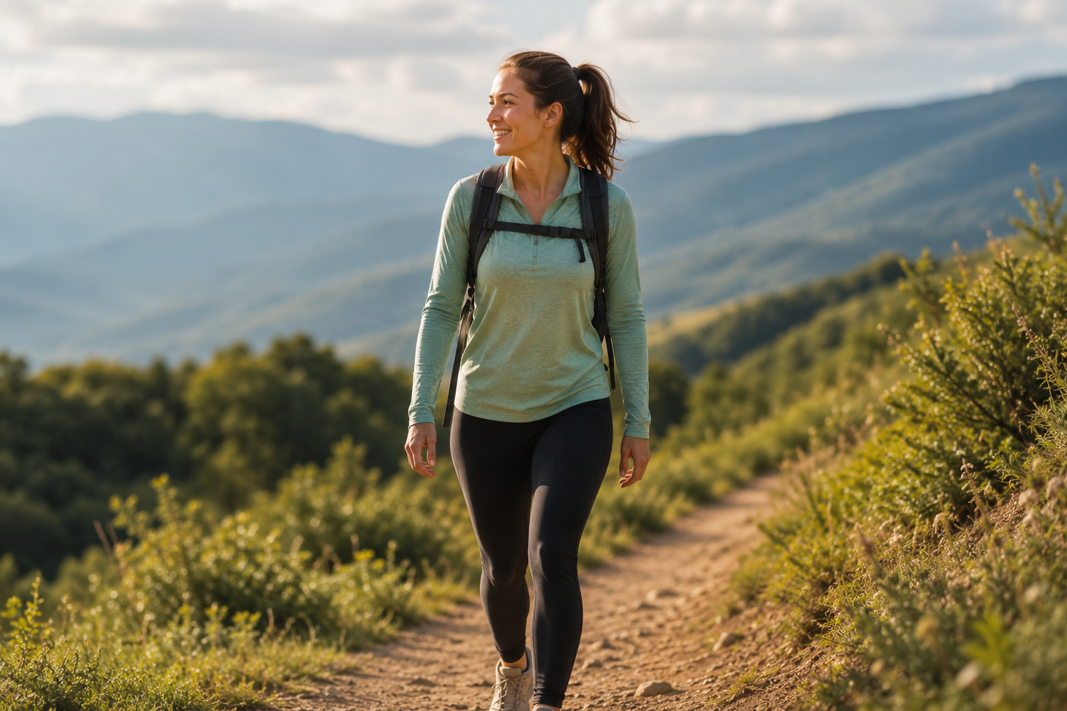 Hiker on a Sunlit Mountain Trail