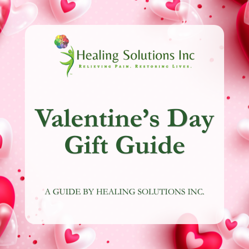 Valentine's Day gift guide cover from Healing Solutions Inc featuring pink and red hearts and a white central area with the company's logo and name.