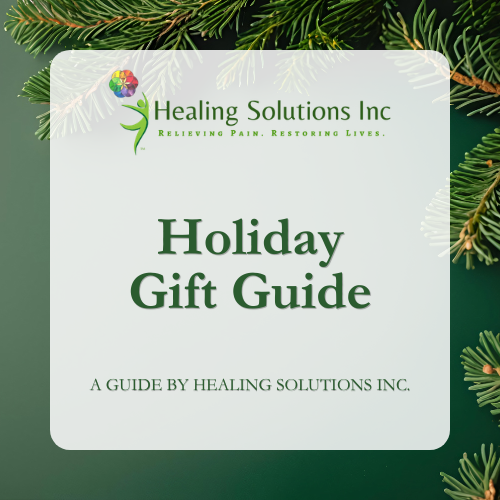 Holiday gift guide from Healing Solutions Inc. with Christmas pine branches in the background.
