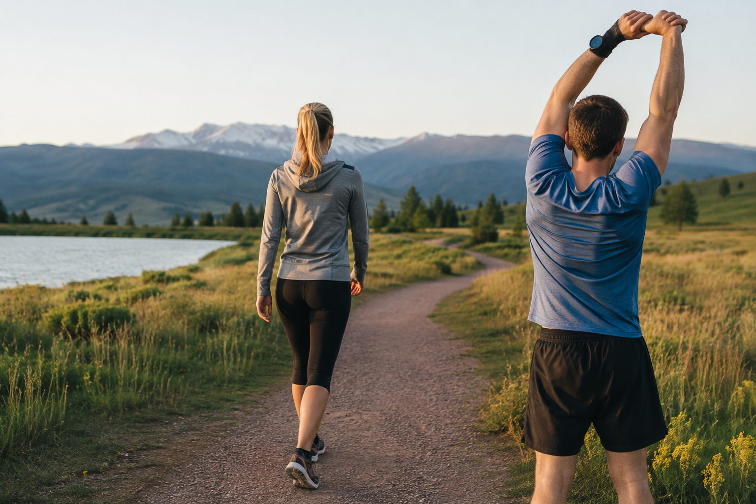 Trailside Stretching by the Mountain Lake
