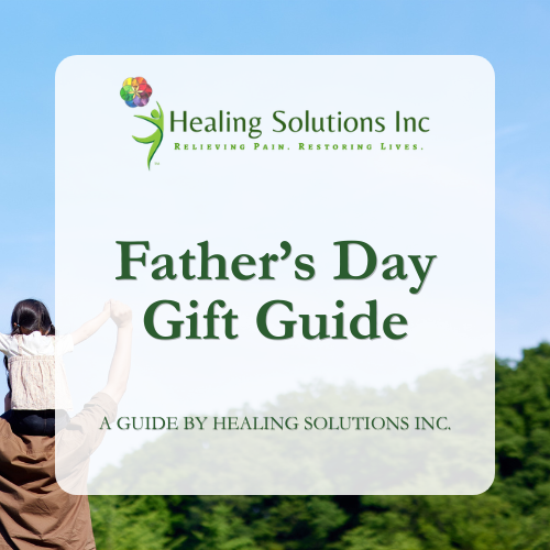 Cover page of a Father's Day gift guide by Healing Solutions Inc., featuring a father and child outdoors with a blue sky and green trees.
