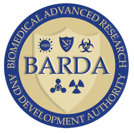 Barda logo with the text "Biomedical Advanced Research and Development Authority" around a central badge featuring medical, defense, and biohazard symbols.