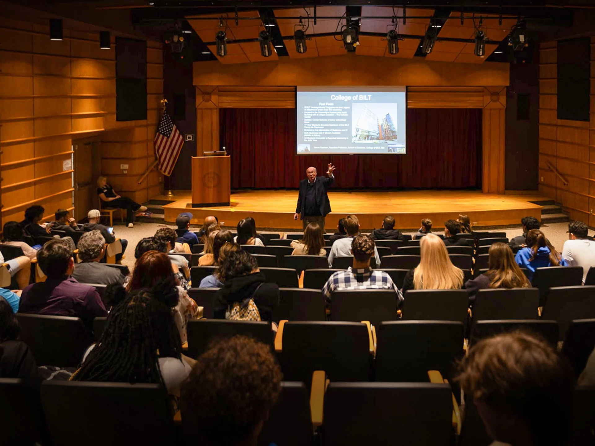 Faculty at Marymount University teaching students in a the Library Auditorium