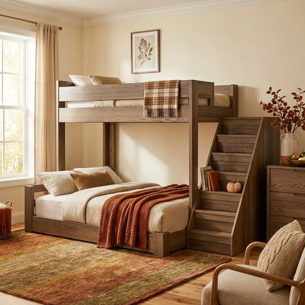 A bedroom with a wooden bunk bed, with a lower bed and an upper bed accessible by wooden stairs. The lower bed has a beige blanket and pillows, with a rust-colored throw blanket. The upper bed has beige bedding and a plaid throw. A window with beige 