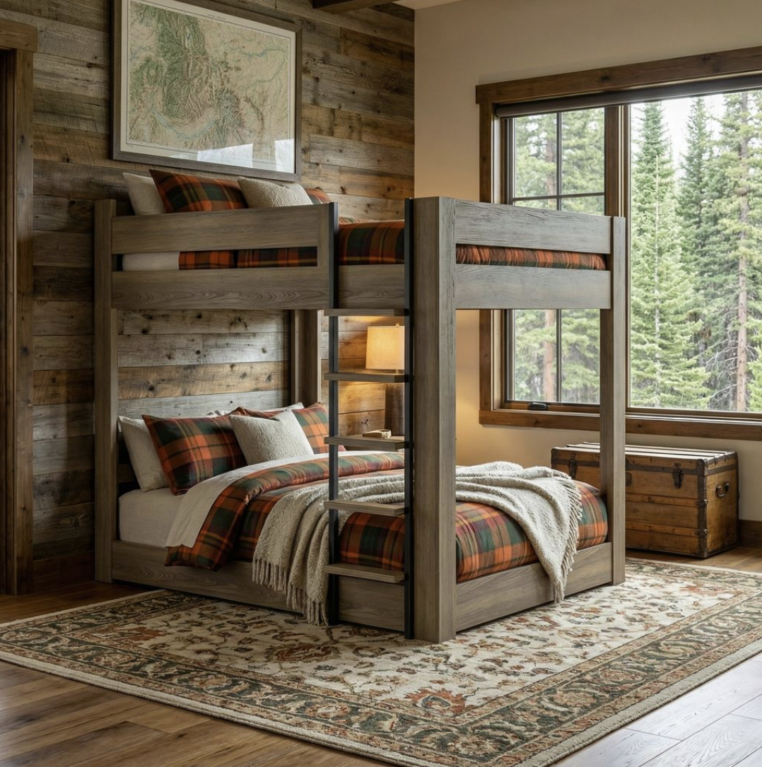 A wooden bunk bed with a ladder, featuring a twin-size bed on top and a full-size bed on the bottom, set against a plain white background.