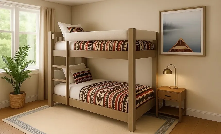 A bedroom with a wooden bunk bed, patterned bedding, a side table with a gold lamp, a framed picture of a boat on water, a potted plant near a window, and beige curtains.