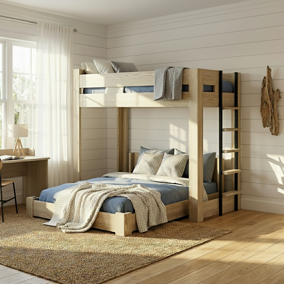 Wooden bunk bed with ladder, featuring a lower bed with blue bedding and two pillows, and an upper bed with white bedding and pillow, against a plain white background.