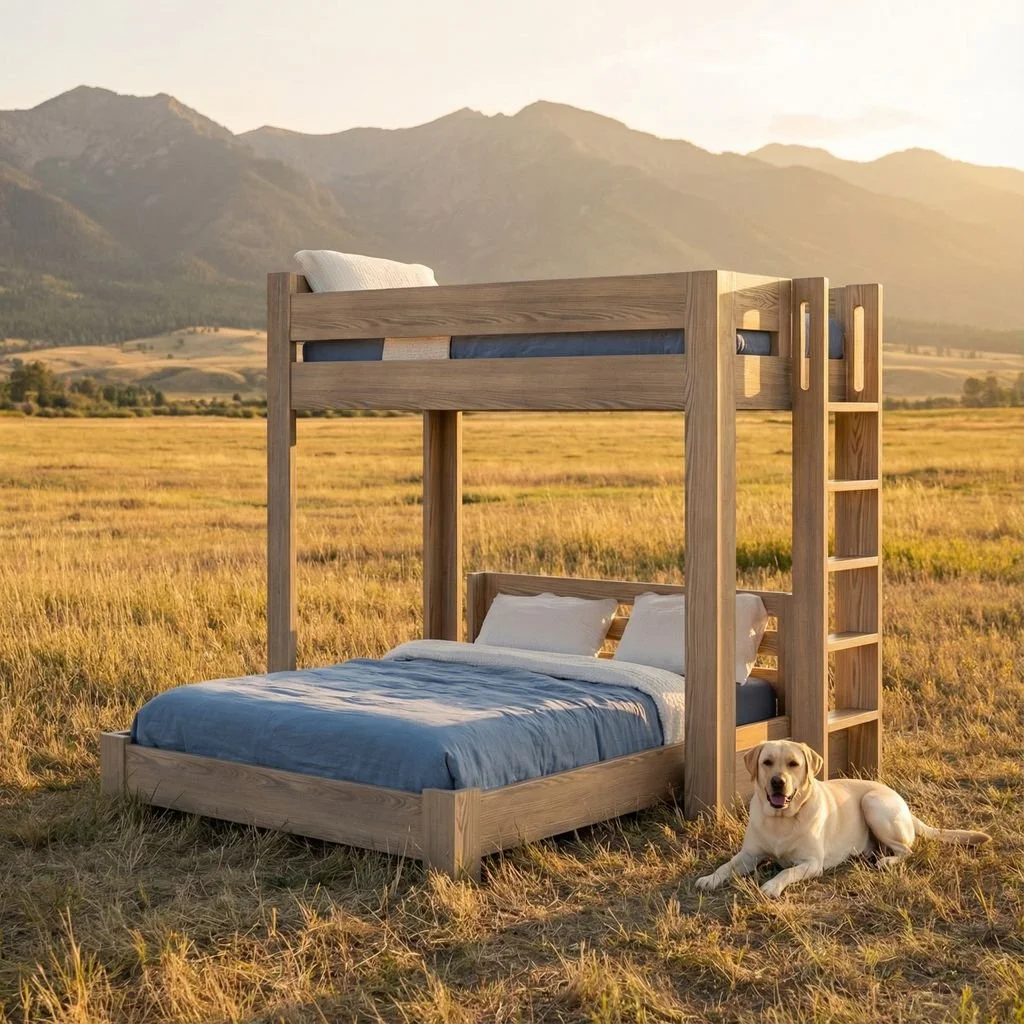 A wooden bed with a bunk bed frame placed in an open field with mountains in the background, accompanied by a yellow Labrador retriever lying on the grass nearby.